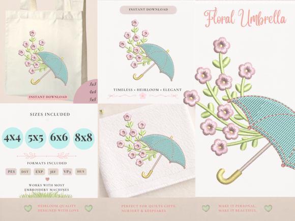 Download Floral Umbrella Machine Embroidery File - Premium Bundle