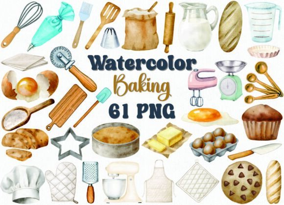 Download Watercolor Baking Clipart Set, 61 PNG - Art Collection