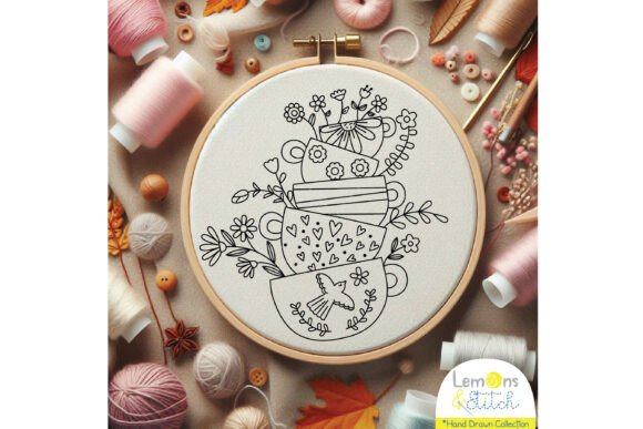 Download Tea Cups Tower: Flowers, Hearts, Bird - Art Collection