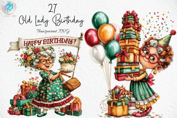 Download Whimsical Old Lady Birthday Clipart PNG - Art Collection